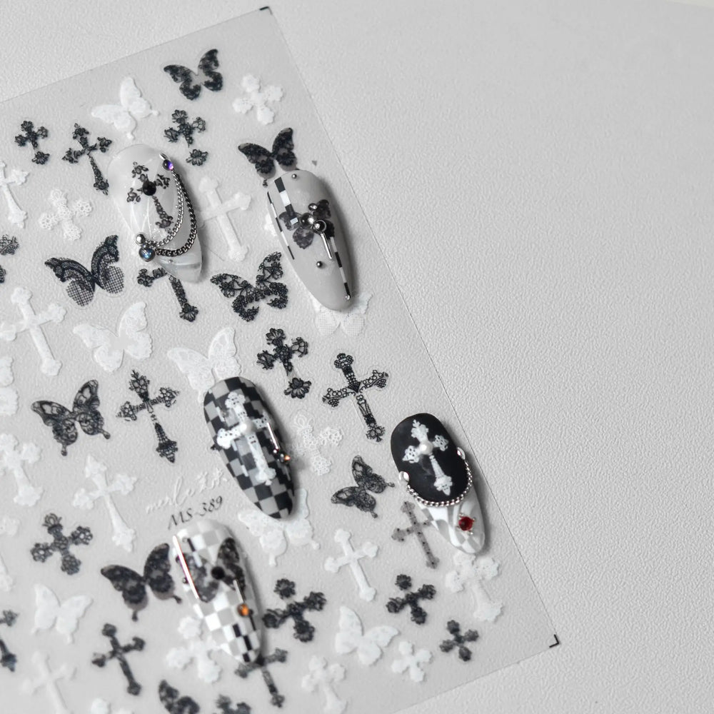 Black White Pearl Lace Butterfly Cross Retro Figure Flower Symmetric Self Adhesive Nail Art Stickers  Manicure Decals Wholesale (ONLINE ORDER ONLY)