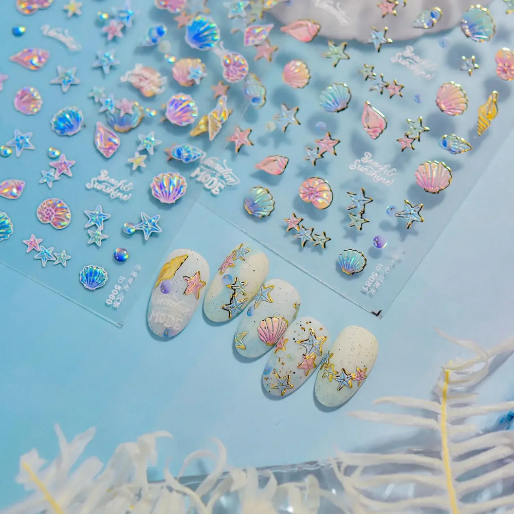 Hot Stamping Laser Shell Conch Starfish Pearl Whale Coral Dolphin Summer Beach Sea Wave Jellyfish Bubble Nail Art Stickers Decal (ONLINE ORDER ONLY)