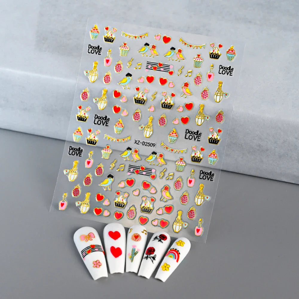 1pc Bohemian Valentine Nail Stickers 3D Self-Adhesive Fantasy Nail Art Glitter Sun, Heart, Lock, Star & Moon Designs Nail Decals (ONLINE ORDER ONLY)