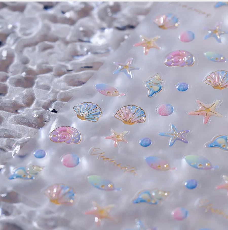 Conch Starfish Shell Beach Fish Star Ocean Colorful Water Bubbles Summer Delicate Self Adhesive Nail Art Stickers Manicure Decal (ONLINE ORDER ONLY)
