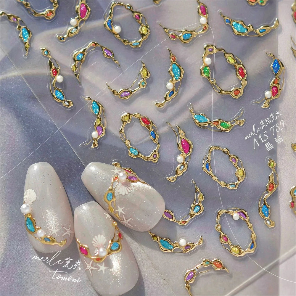 French Lines Gemstone Necklace Gilding Light Luxury Pearl Self Adhesive Nail Art Decorations Stickers Manicure Decals Wholesale (ONLINE ORDER ONLY)