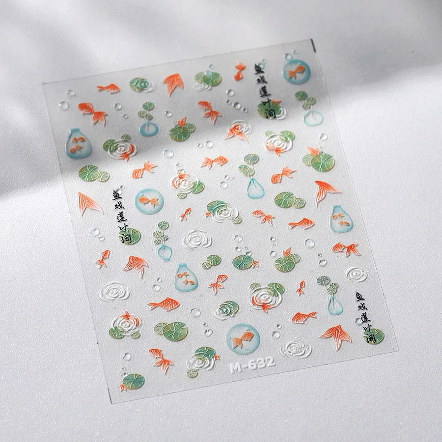 Lotus Leaf Brocaded Carp Koi Playing Goldfish Cavort Ripple Droplet Water Bubbles Self Adhesive Nail Art Stickers Manicure Decal (Online Order Only)
