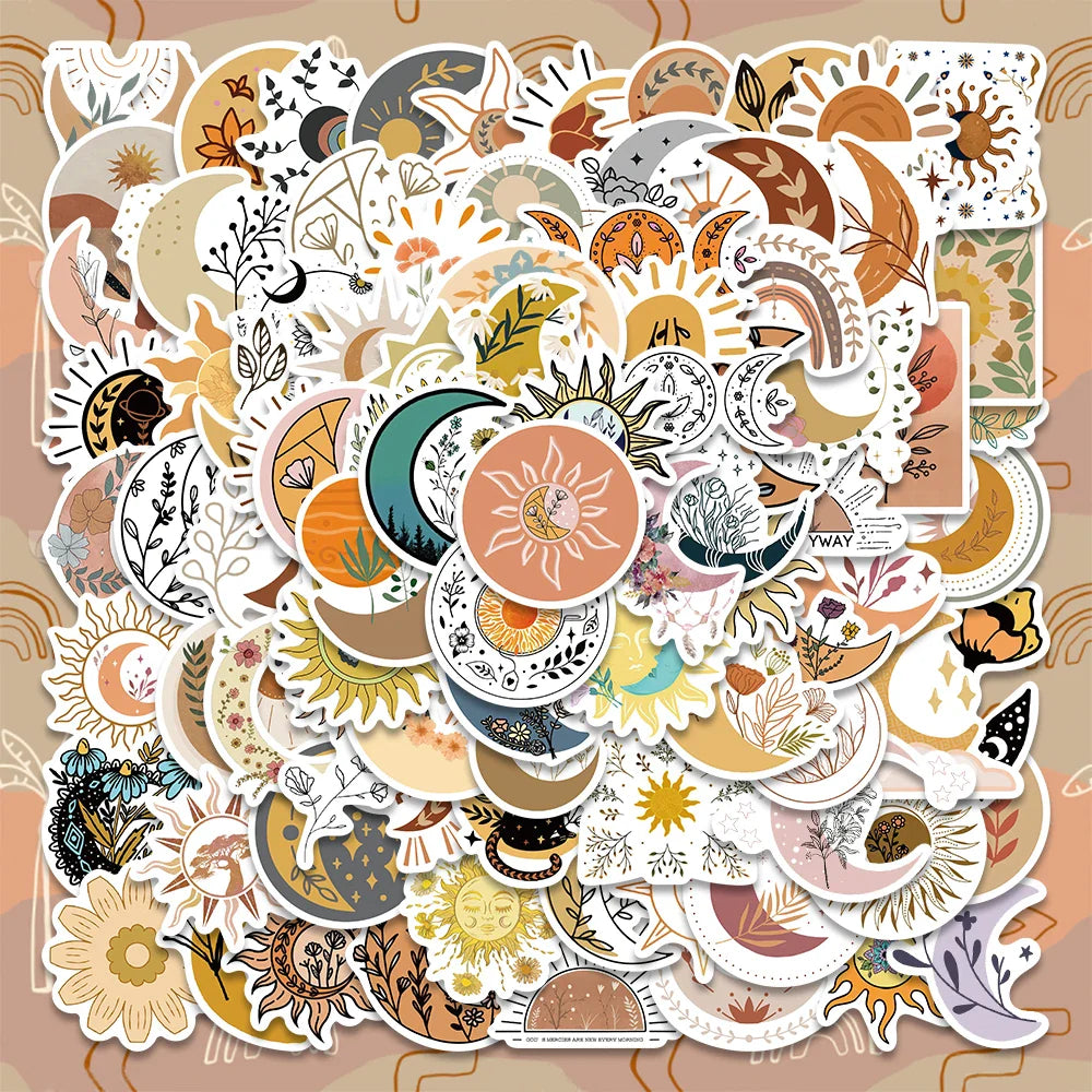 100PCS Boho Moon Sun Flower Stickers Aesthetic Retro Decals for Laptop Scrapbooking Notebook (Online Order Only)