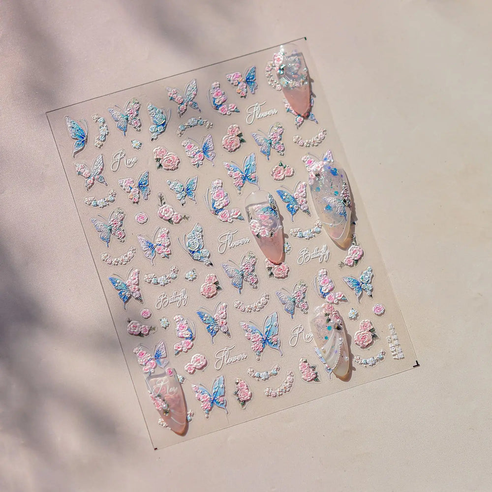 Oil Painting Style Rose Flowers Butterfly Wreath Floral Garland 5D Soft Relief Adhesive Nail Art Sticker Cute 3D Manicure Decals (ONLINE ORDER ONLY)