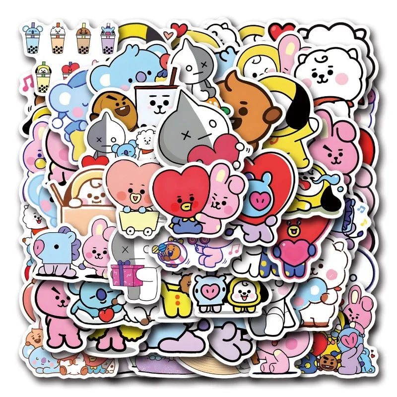 55pcs BT21 Cartoon Sticker Set for Laptop, Phone, Scooter, Water Bottle, Suitcase, Stationery, Refrigerator (ONLINE ORDER ONLY)