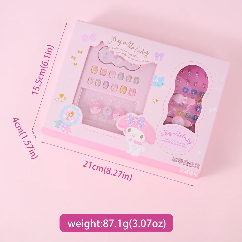 1Set(12Pcs+Jelly Glue+Stickers+Hairpin) Children Acrylic Fake Nails Kuromi Mymelody Cinnamoroll Fake Nails Non-Toxic Kid Gifts * (Online Order Only)