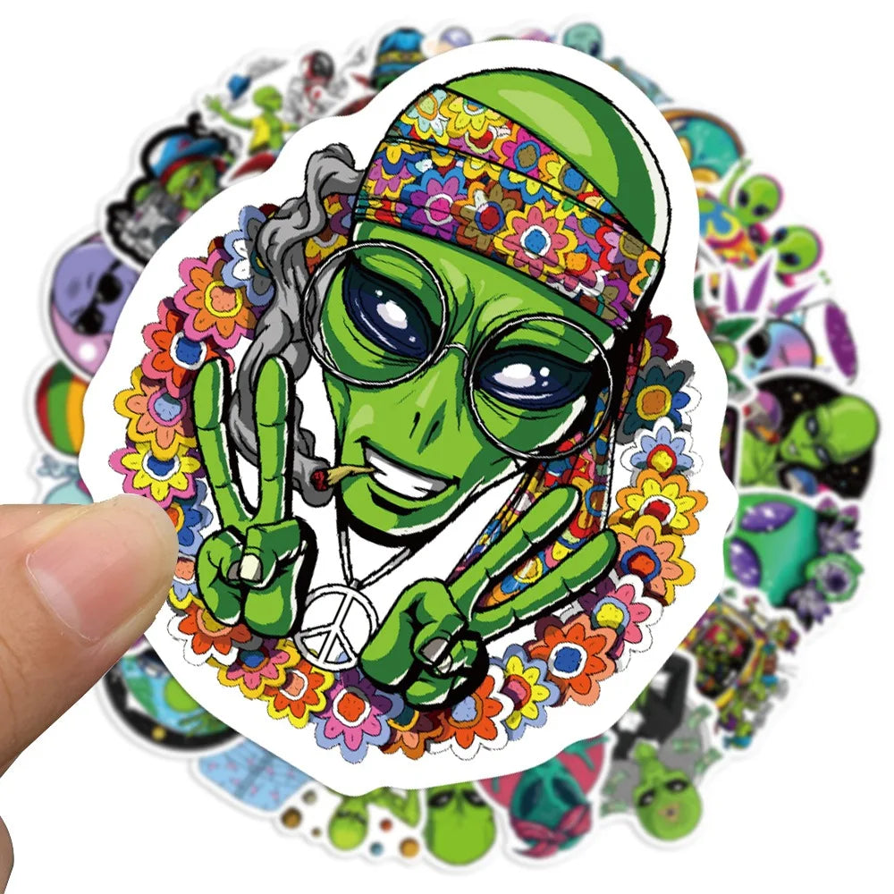 50pcs Psychedelic Alien Weed Characteristics Stickers Laptop Car Bike Travel Luggage Fridge Vinyl Decal Waterproof Sticker Toy (ONLINE ORDER ONLY)
