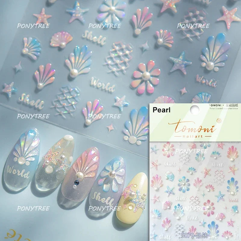 Halo Dyeing Ocean Shell Conch Starfish Pearl Love Heart Bowknot Jellyfish Adhesive Nail Art Stickers Manicure Decals Wholesale (ONLINE ORDER ONLY)