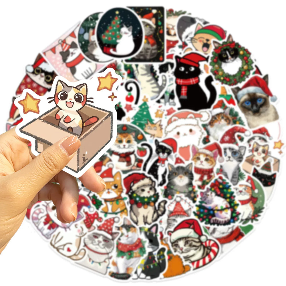 50pcs Cute Christmas Cat Graffiti Stickers Aesthetic DIY Luggage Bike Phone New Year Gift Decoration Sticker Toy (ONLINE ORDER ONLY)
