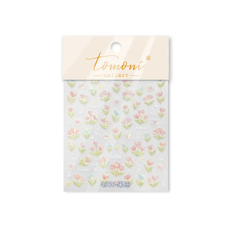 Cute  Pink Blue Nature Tulip Star Heart Butterfly Peach Blossom Jelly Embossed Relief Adhesive Nail Art Stickers Manicure Decals (ONLINE ORDER ONLY)