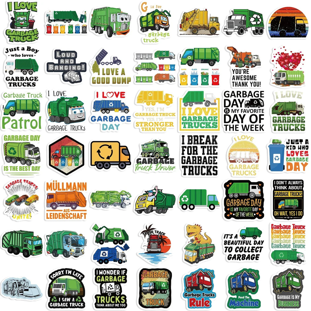 50PCS Green Garbage Truck Stickers Decal For Suitcase Skateboard Laptop Luggage Phone Car Styling DIY Sticker (Online Order Only)