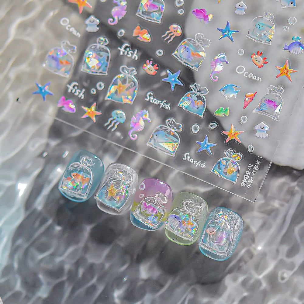 Bagful Brocaded Carp Goldfish Jellyfish Water Bubbles Seahorse Ocean Starfish Whale Adhesive Nail Art Stickers Manicure Decals (ONLINE ORDER ONLY)