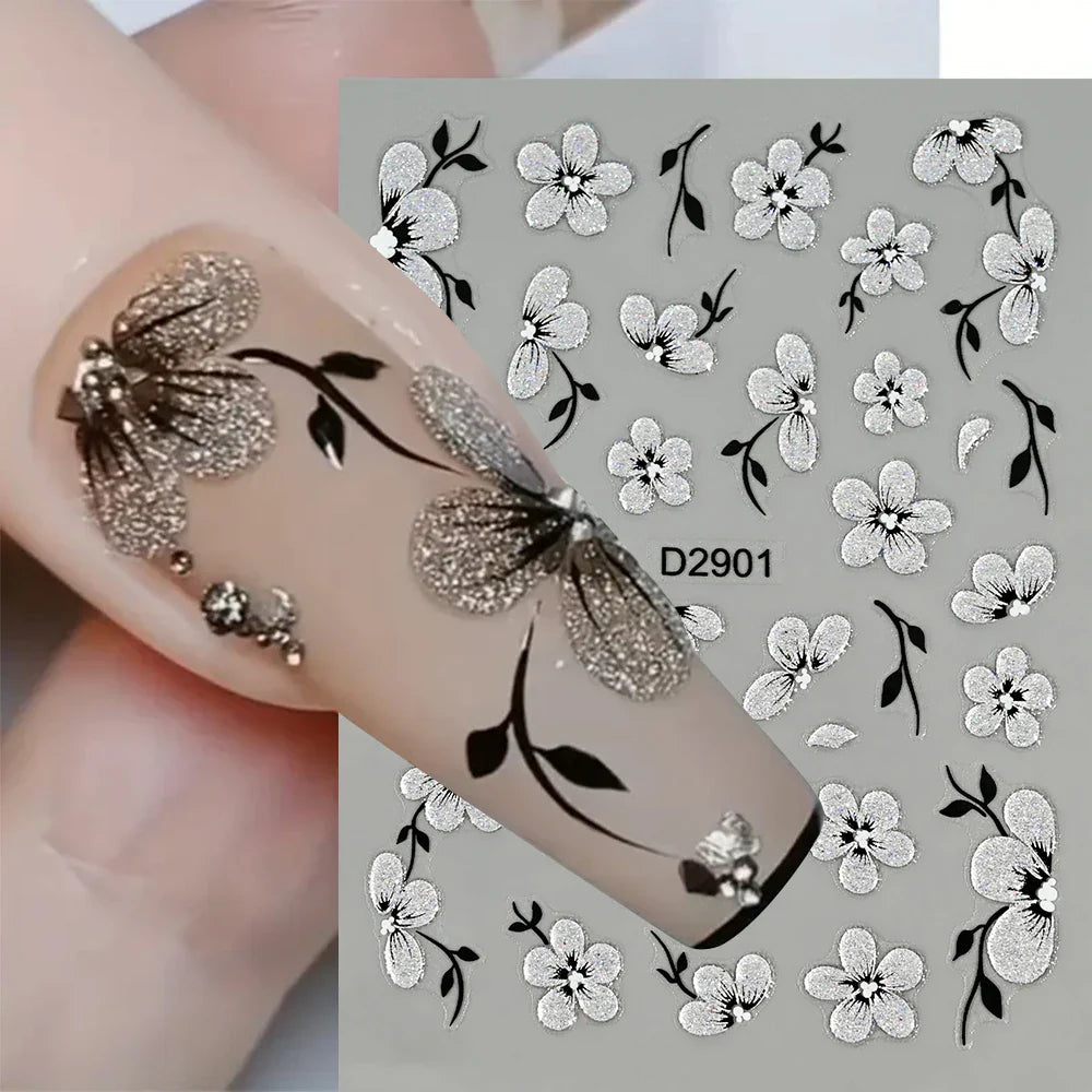 10pcs/Set Sparkling Silvery Floral Nail Art Stickers Self-Adhesive Glittery 5D Hibiscus & Cherry Blossom Decals for Manicure DIY (Online Order Only)