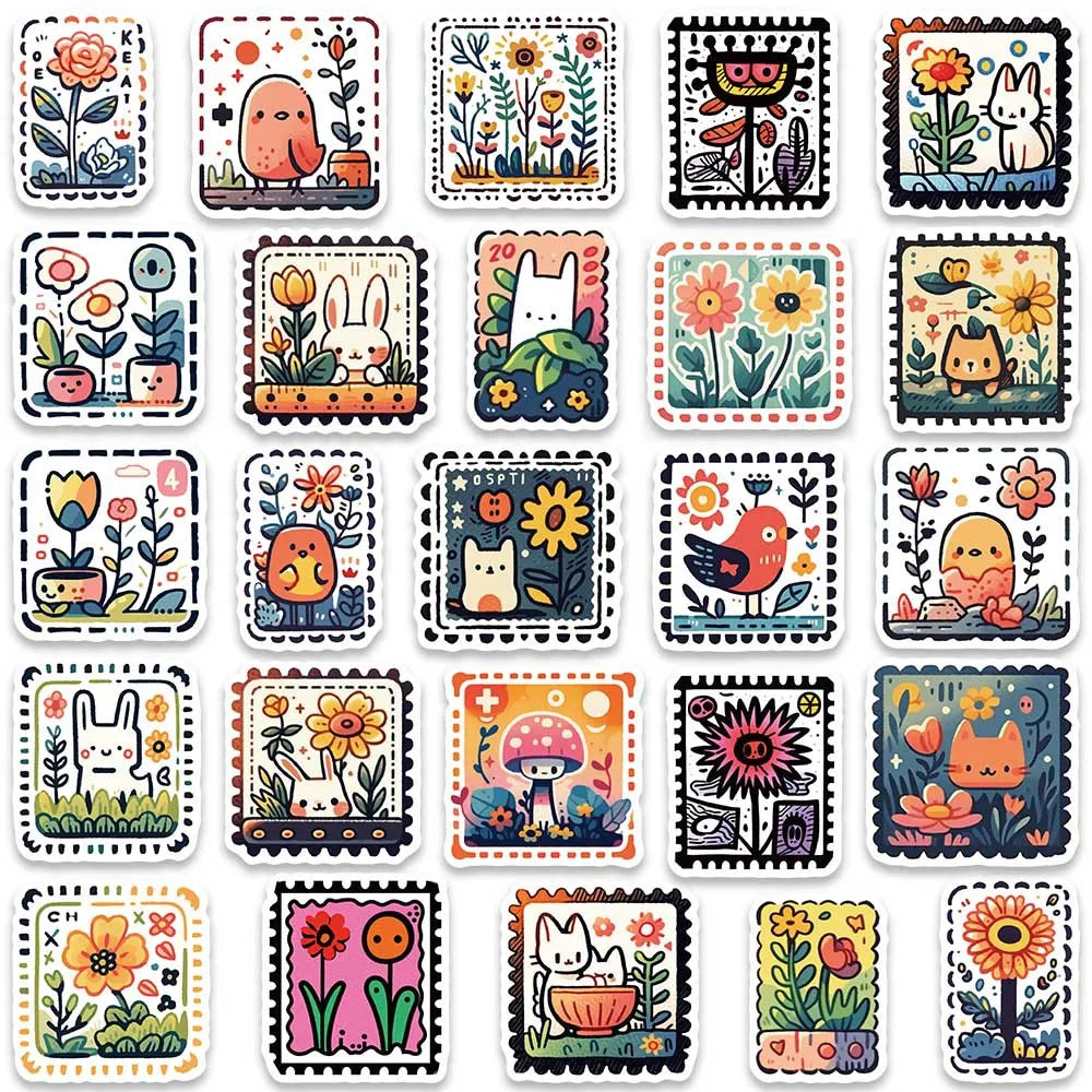 10/30/50PCS Cute Cartoon Stamp Flower Animal Stickers DIY Skateboard Phone Bike Suitcase Laptop Notebook Bike Kids Sticker Toys (ONLINE ORDER ONLY)