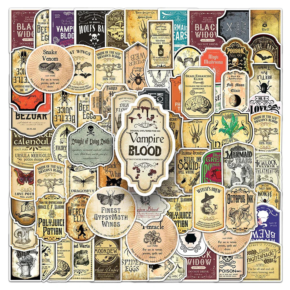 Retro Magic Potion Bottle Stickers: 10/30/50/100Pcs Vintage Waterproof Decals for Fridge & Suitcase (ONLINE ORDER ONLY)