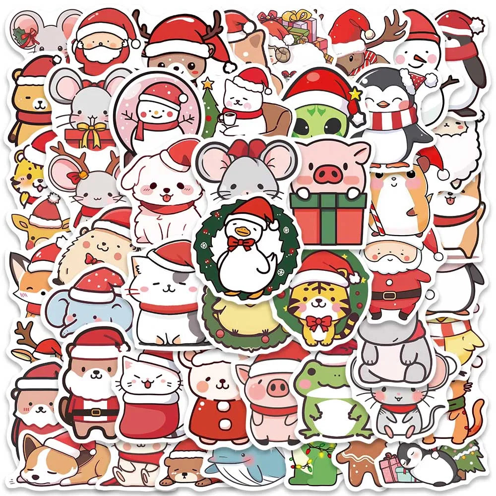 50pcs Cute Cartoon Merry Christmas Animals Stickers For Laptop Water Bottle Luggage Guitar Waterproof Graffiti Vinyl Decals (ONLINE ORDER ONLY)
