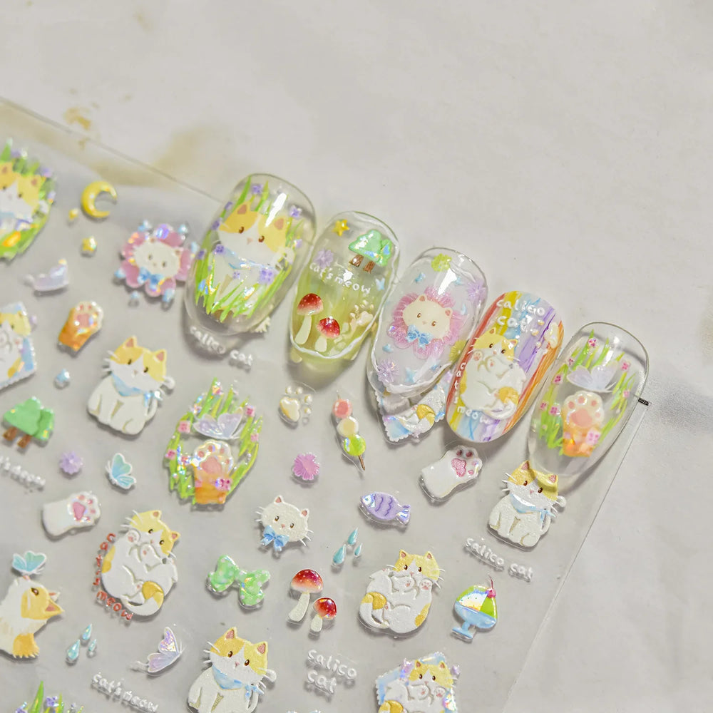 Picnic Cat Kitten Bowknot Flower Fish Butterfly Tree Mushroom Star Moon Cat's Paw Adhesive Nail Art Sticker Cute Manicure Decals (Online Order Only)