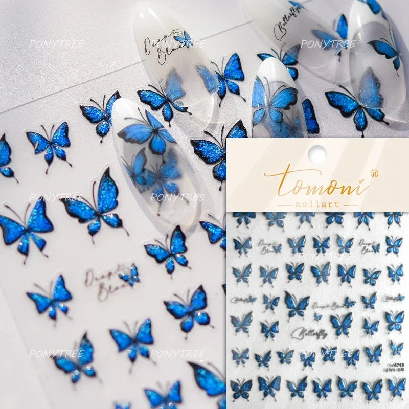 Charming Delicate Sapphire Color Blue Black Stroke Butterfly Jelly Relief Rhinestone Adhesive Nail Art Stickers Manicure Decals (Online Order Only)