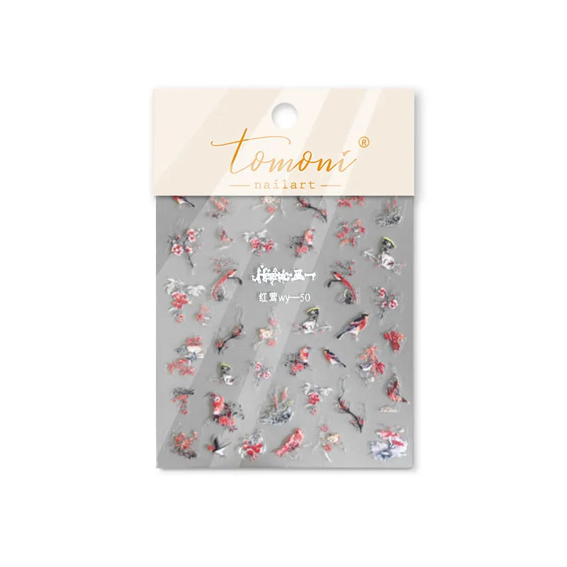 Red Azalea Rose Peony Crane Warbler Bird Fish Lily Chicken Rabbit Lobster Flower Retro Chinese Nail Art Sticker Decoration Decal (Online Order Only)
