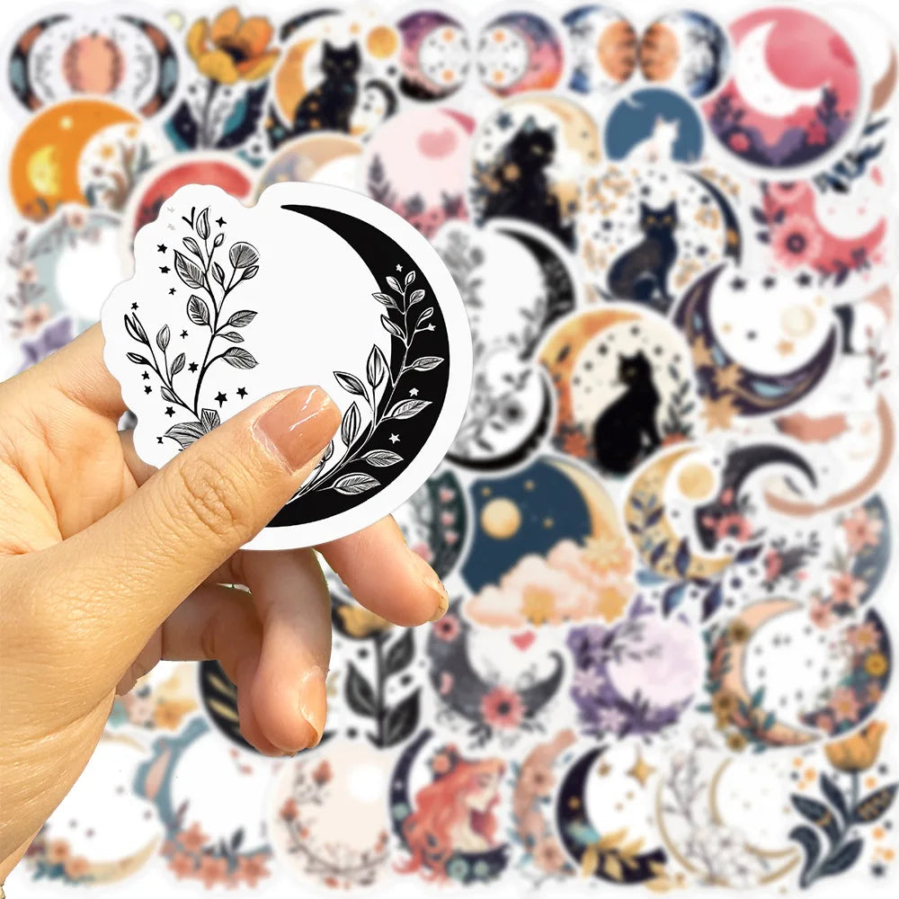 50Pcs Boho Moon Flowers Cartoon Stickers Black Cat Car Guitar Motorcycle Luggage Suitcase DIY Classic Toy Funny Sticker Gift (ONLINE ORDER ONLY)
