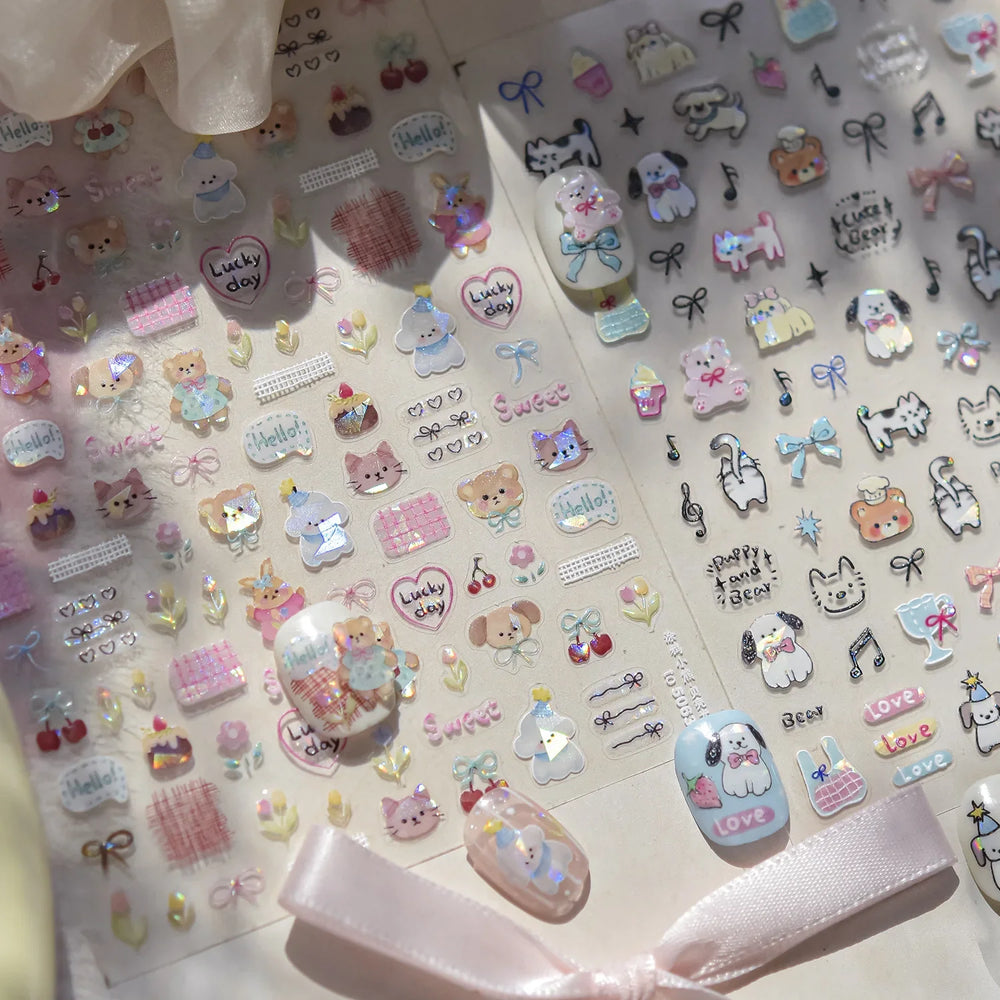 Graffiti Bear Cat Kitten Dog Puppy Bowknot Cake Tulip Note Star Cherry Cup Adhesive Nail Art Decoration Sticker Manicure Decals (ONLINE ORDER ONLY)