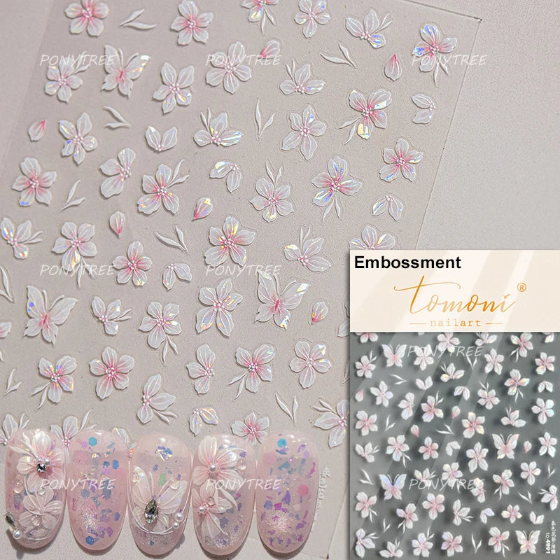 Embossed Flower Pink Butterfly Lucky Peach Blossom Chic Spring Petal 5D Soft Relief Adhesive Nail Art Stickers Manicure Decals (Online Order Only)