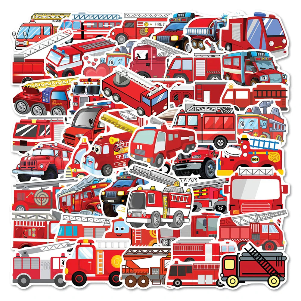10/30/50/100PCS Cartoon Fire Engine Stickers Kids Decals Toy DIY Notebook Suitcase Phone Fridge Bike PVC Waterproof Sticker Gift (ONLINE ORDER ONLY)