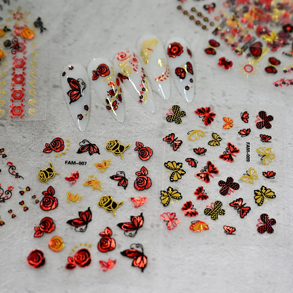 30Pcs/Set Red Golden 3D Nail Art Sticker Hot Stamping Hollow Decals Mixed Designs Adhesive Flower Nail Tips Letter Butterfly Set (Online Order Only)