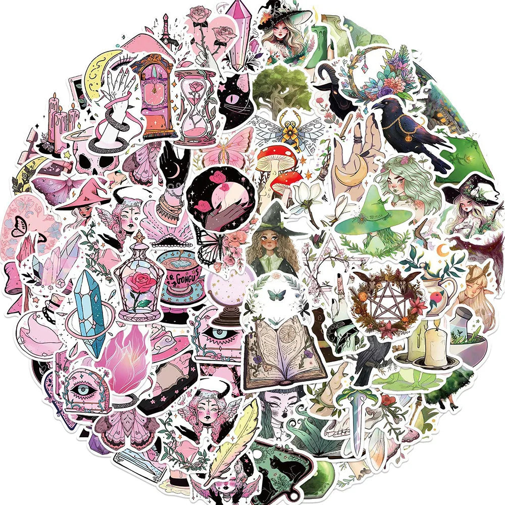 10/30/50/100pcs Cute Art Gothic Pink Green Magic Witch Aesthetic Stickers Cartoon Decal Laptop Phone Suitcase Decoration Sticker (ONLINE ORDER ONLY)