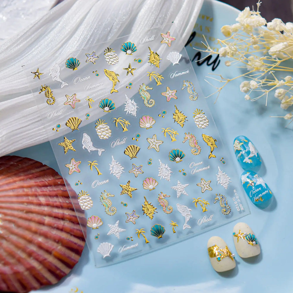 Hot Stamping Seahorse Dolphin Shell Conch Starfish Coconut Tree Jackfruit Water Bubbles Ocean Nail Art Stickers Manicure Decals (ONLINE ORDER ONLY)