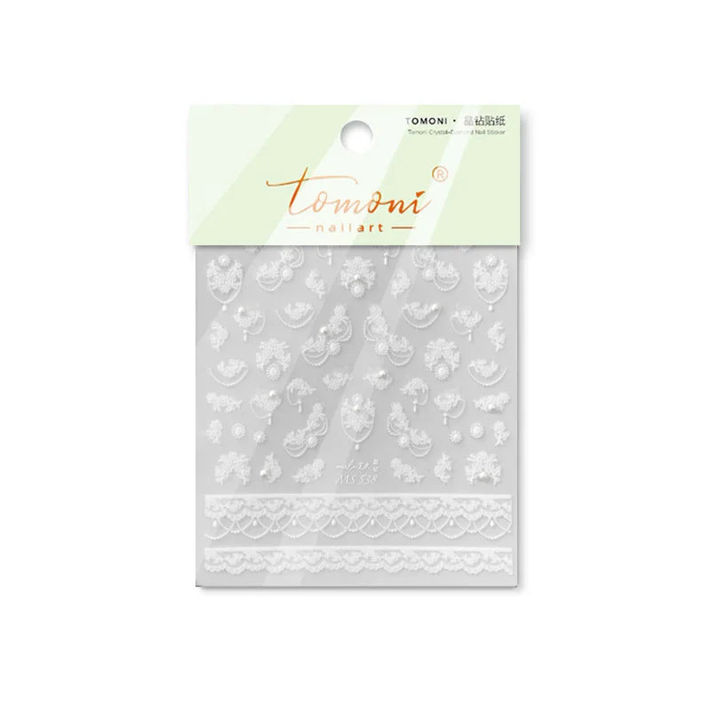 French Romantic Lace Flower Fabric Art Pearl Pendant Portrait Bowknot Textile Printing Delicate Nail Art Stickers Manicure Decal (ONLINE ORDER ONLY)