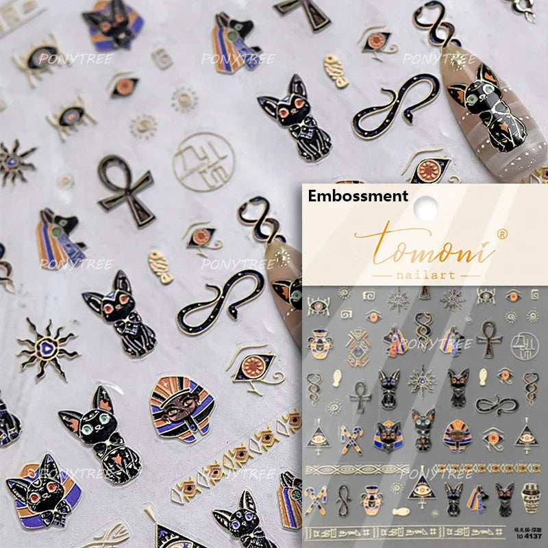 Mysterious Egyptian Cat Totem Eye Symbol Black Pharaoh Kitty Paw Sun Self Adhesive Nail Art Stickers Manicure Decals Wholesale (Online Order Only)