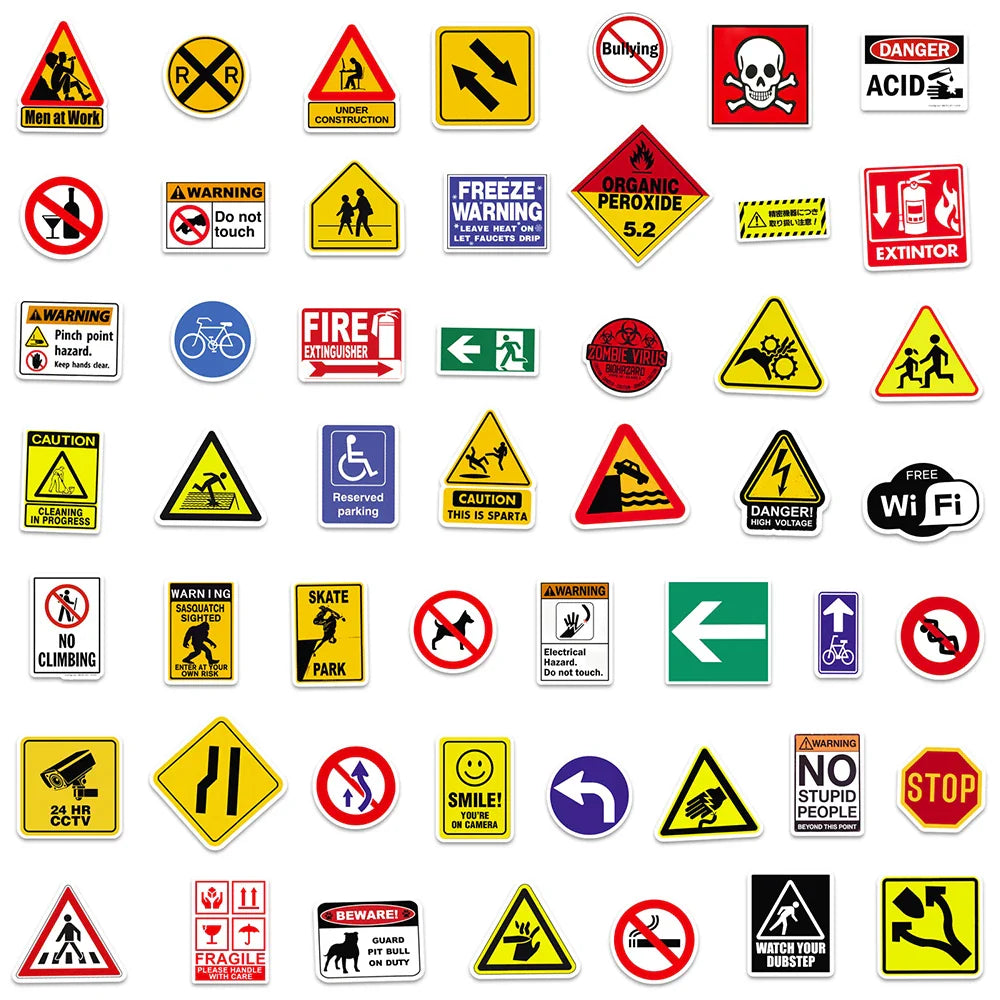 10/30/50/100pcs Cool Warning Sign Graffiti Stickers  Danger Banning Decals Motorcycle Laptop Skateboard Phone Waterproof Sticker (Online Order Only)
