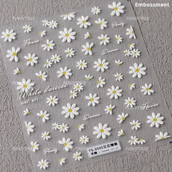 Mountain Daisy Wild Flower Mini Green Leaves White Petal Romantic Embossed Reliefs Adhesive Nail Art Stickers Manicure Decals (ONLINE ORDER ONLY)