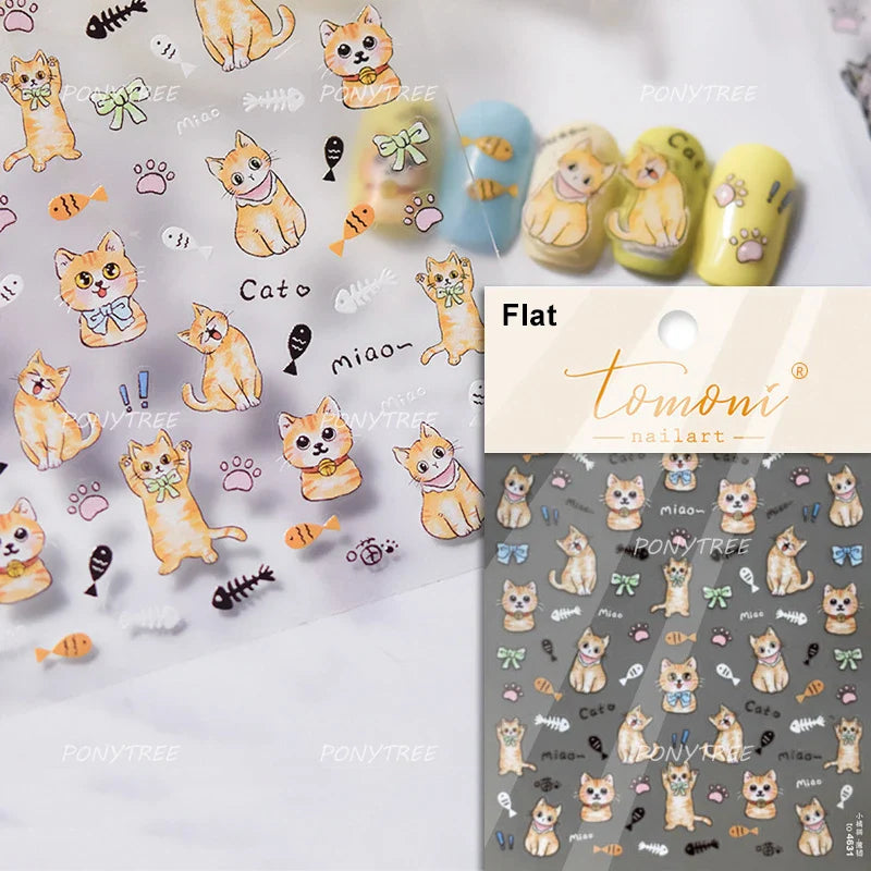 Cat Kitten Rabbit Flower Bouquet Bowknot Vase Bunny Grid Star Blocks Round Warm Sun Decoration Nail Art Stickers Manicure Decals (ONLINE ORDER ONLY)