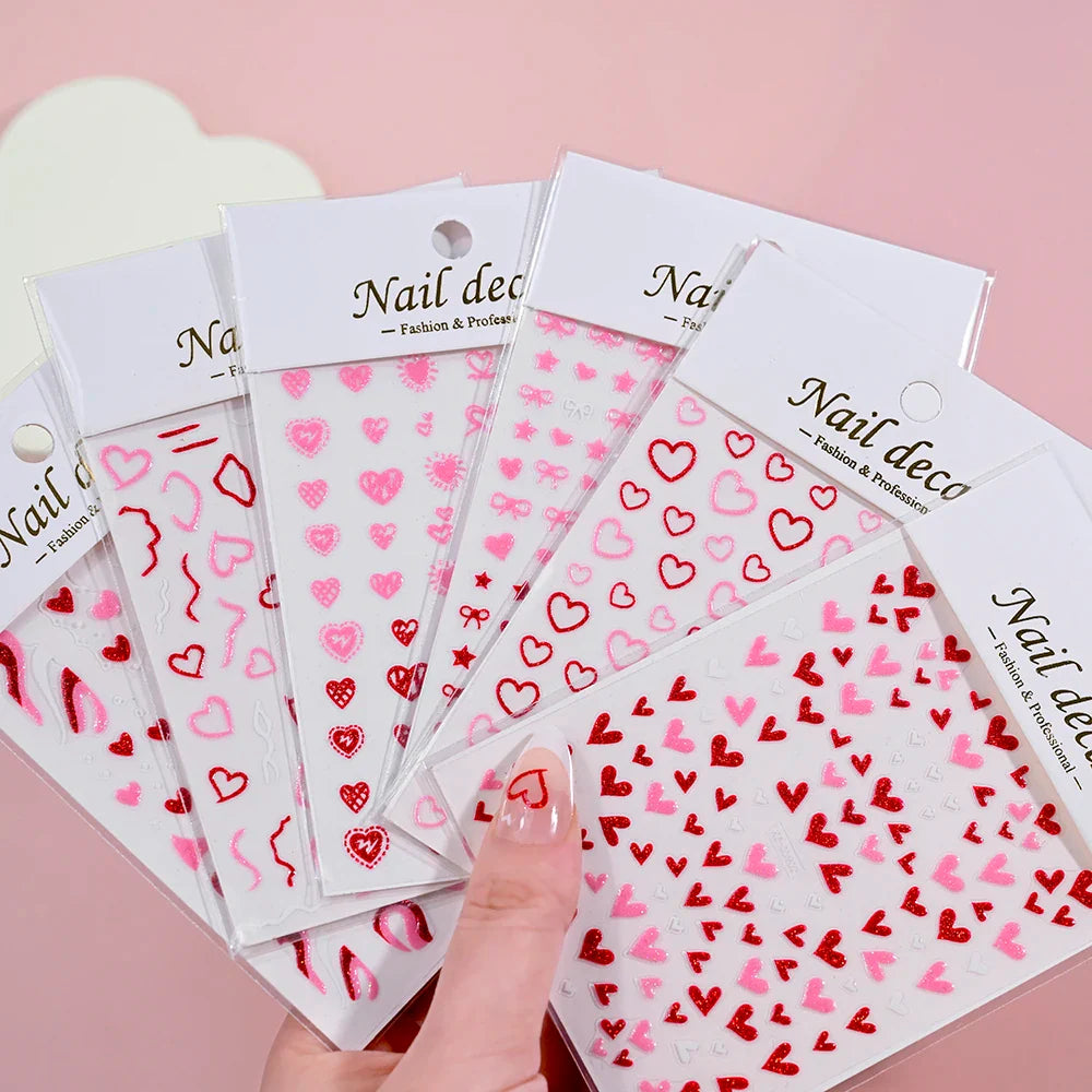 1Pc Red Pink White Heart Bow Nail Art Stickers with Glitter Sequins 5D Self Adhesive Nail Decorations Slider Decals DIY Manicure (ONLINE ORDER ONLY)