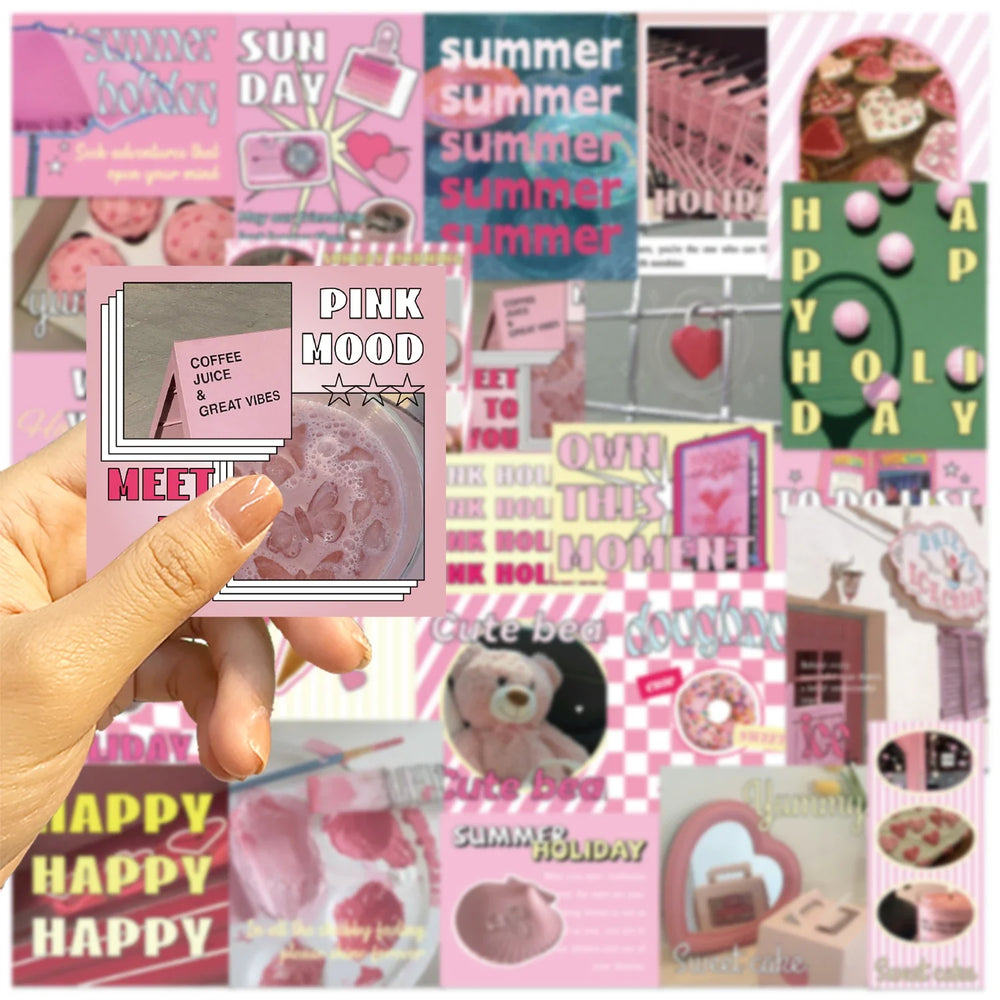 30Pcs Pink Holiday Stickers Aesthetic Art PVC Decals Scrapbooking Label Diary Stationery Computer Refrigerator (ONLINE ORDER ONLY)