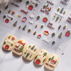 Snowman Tree House Cedar White Pine Forest Warm Winter Cloud Self Adhesive Nail Art Stickers Snowflake Star Snow Manicure Decals (ONLINE ORDER ONLY)