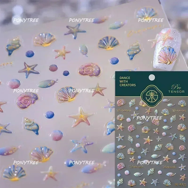 Hot Stamping Laser Shell Conch Starfish Pearl Whale Coral Dolphin Summer Beach Sea Wave Jellyfish Bubble Nail Art Stickers Decal (ONLINE ORDER ONLY)
