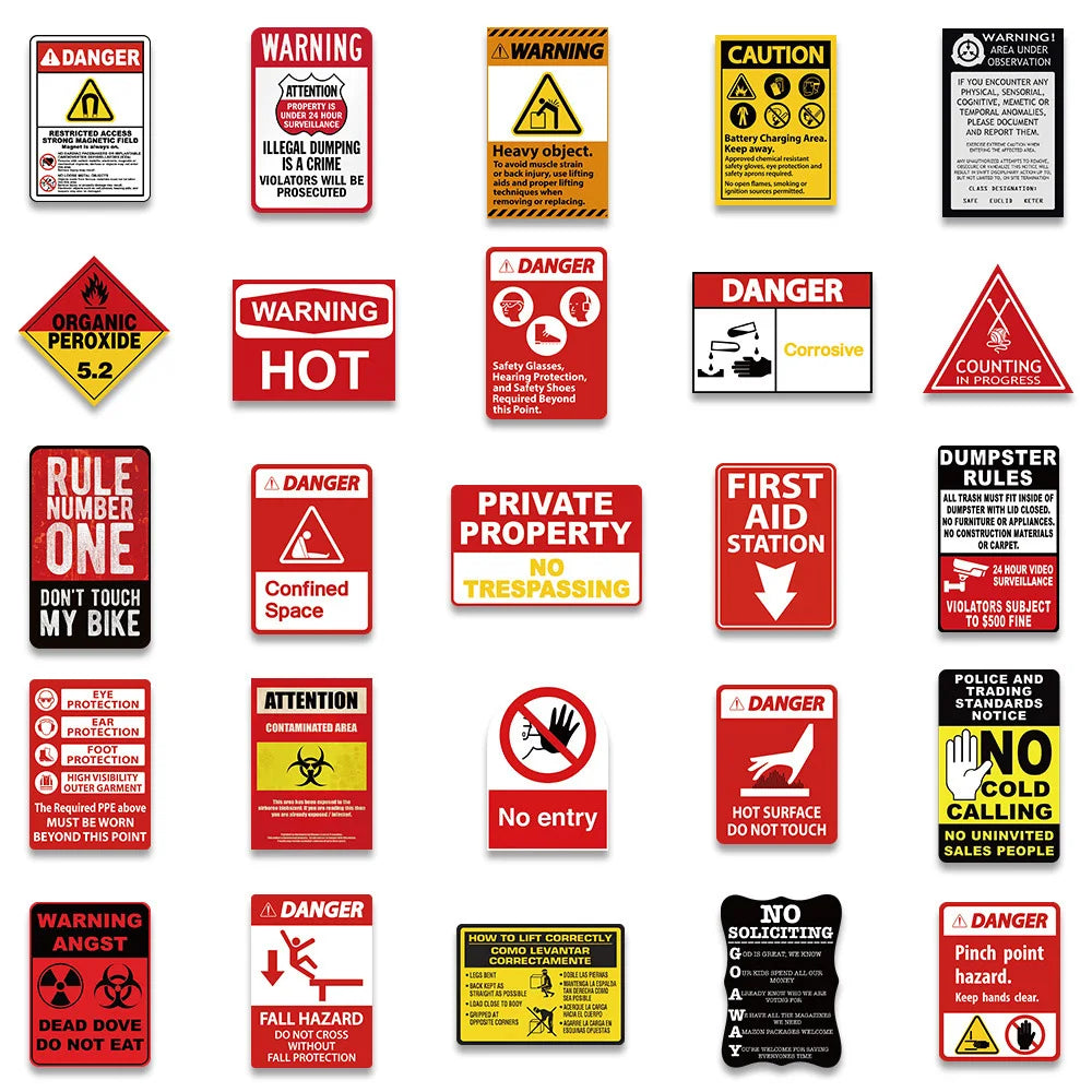 10/40/75pcs Funny Warning Stickers Danger Banning Signs Reminder Decals Skateboard Car Laptop Motorcycle Cool Waterproof Sticker (Online Order Only)