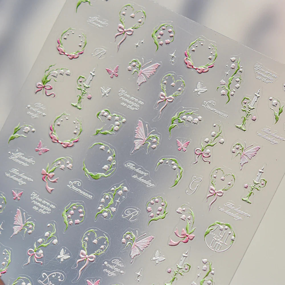 Romantic Lily of The Valley Candle Holder Wreath Bowknot Butterfly Dreamy Adhesive Nail Art Decorations Stickers Manicure Decals (Online Order Only)
