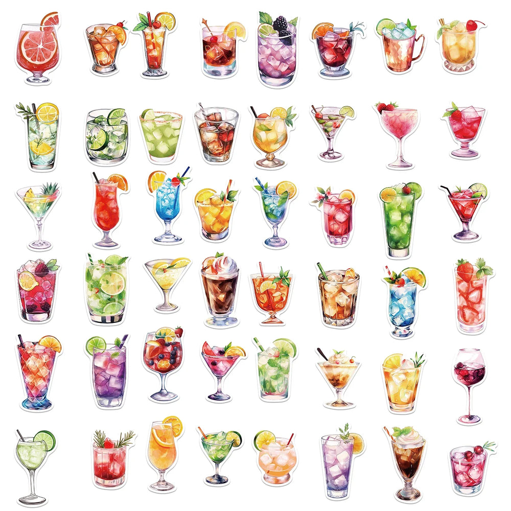 50pcs Watercolor Cocktail Stickers For Suitcase Stationery Phone Laptop Ipad DIY Sticker Scrapbooking Material Craft Supplies (ONLINE ORDER ONLY)