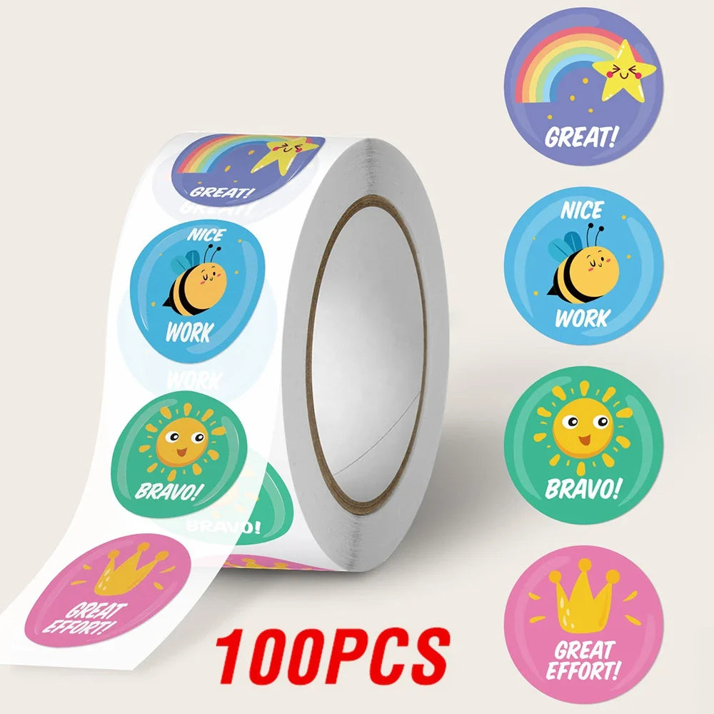 100-500pcs 1inch Good Job Praise Up Cute Stickers Roll Reward Student Label Seal Lable Stationery stickers (Online Order Only)