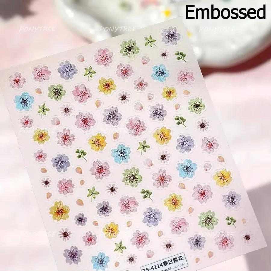 Colorful Dried Flowers Wreath Floral Plant Petal Bud Garden Charming 5D Reliefs Self Adhesive Nail Art Stickers Manicure Decals (Online Order Only)