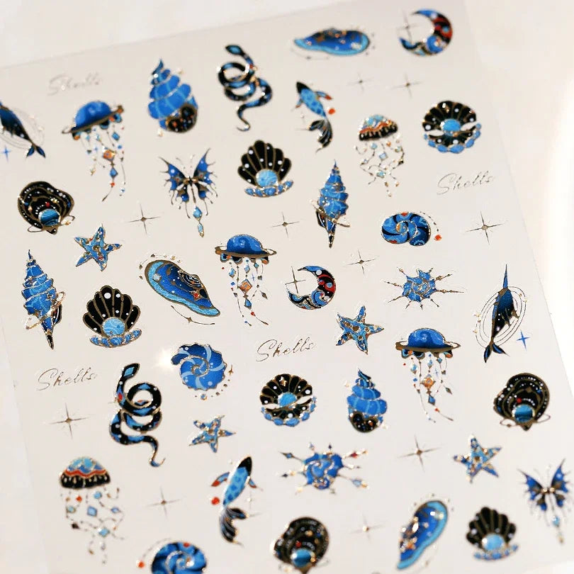 Blue Butterfly Planet Star Conch Snake Shell Clam Pearl Whale Jellyfish Moon Adhesive Nail Art Stickers Dreamy Manicure Decals (Online Order Only)