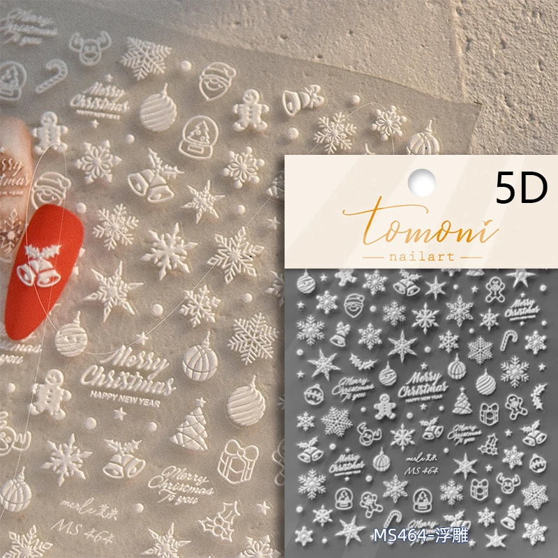 Hot Stamping Romantic White Gold Snowflakes Hexagon Winter 3D Self Adhesive Nail Art Stickers Shiny Rhinestone Manicure Decals (Online Order Only)