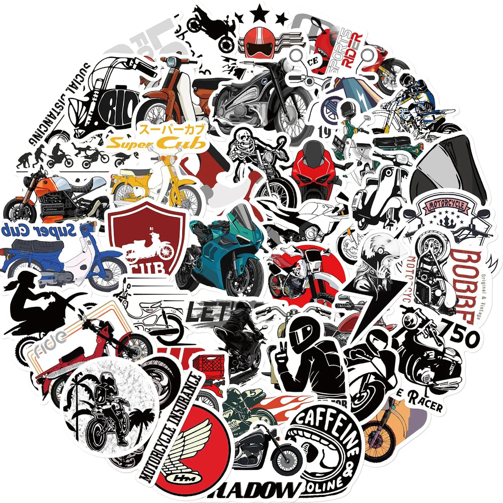 50Pcs Fashion Vintage Motorcycle Stickers Retro Aesthetic Bike Phone Car Skateboard Laptop Sticker Decal Classic Kids Toy (ONLINE ORDER ONLY)