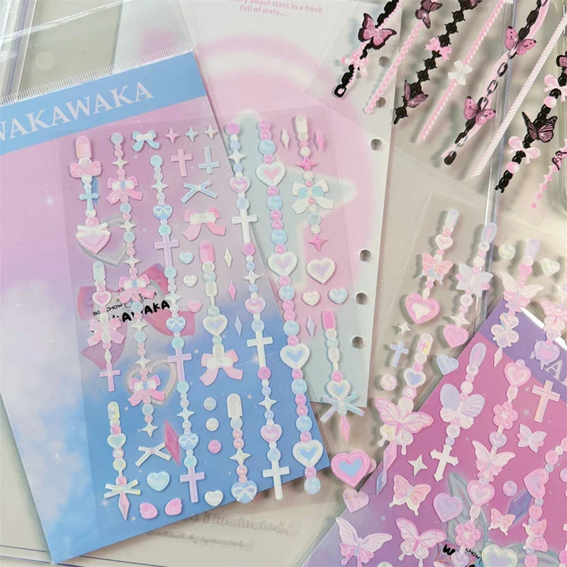 1Pc Korean Ins Butterfly Pearl Chain Sticker Cute Cat Ear Album Decorative Stickers Journal Scrapbooking Kpop Stationery Sticker (Online Order Only)