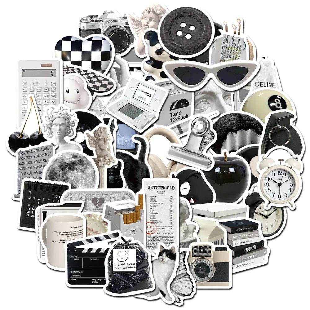 10/30/61pcs Ins Style Cute Stickers Black White Simple Decals Decoration DIY Phone Notebook Suitcase Laptop Fridge Wall Sticker (ONLINE ORDER ONLY)