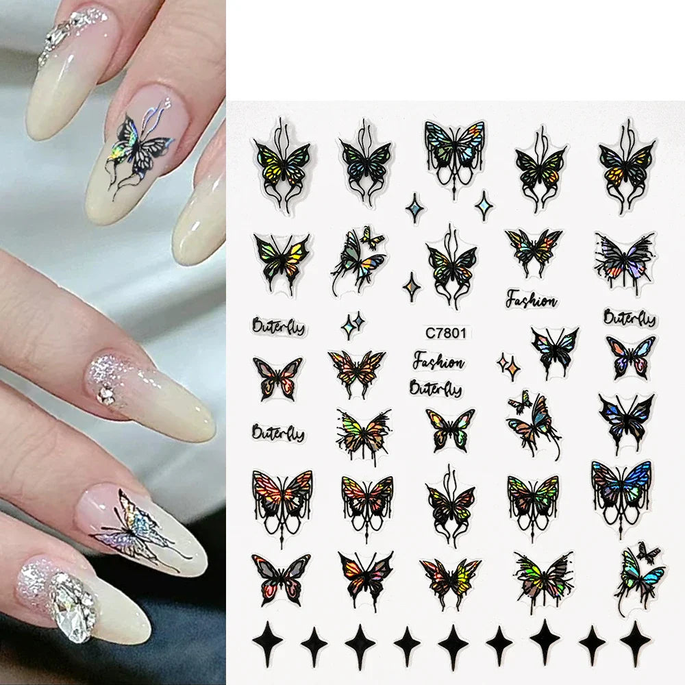 1pcs Butterfly Floral Nail Art Stickers Magic Shell Light Laser Black/White Nail Decoration Butterfly Slider Manicure Ornaments* (Online Order Only)